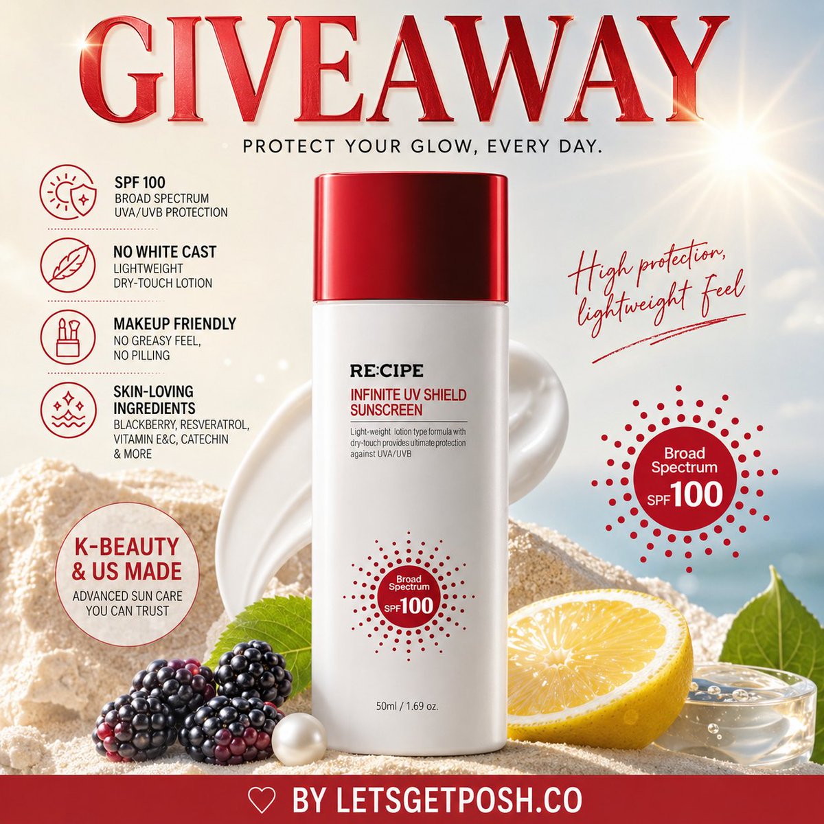 letsgetposh_co's tweet photo. ☀️🧴 RE:CIPE SPF 100 SUN SHIELD GIVEAWAY 🌞✨

Protect your glow with RE:CIPE Infinite UV Shield Sunscreen SPF 100! 🇰🇷💖

Stay protected with this lightweight Korean sunscreen designed for everyday wear. With SPF 100 Broad Spectrum UVA/UVB protection, it helps defend your skin while feeling fresh, breathable, and comfortable, without the heavy, greasy feel.

✨ Prize Features:
☀️ SPF 100 Broad Spectrum UVA/UVB protection
🤍 No white cast on all skin tones
💨 Lightweight dry-touch lotion formula
💄 Layers beautifully under makeup
🍇 Enriched with Blackberry Extract, Resveratrol, Vitamin E, Vitamin C derivative & Catechin
🌾 Infused with Rice, Pearl & Acai Extracts for healthy-looking skin
🌿 Moisturizing, breathable, and non-sticky finish
👜 Perfect for daily wear and easy on-the-go reapplication
🇰🇷 Korean skincare innovation with U.S. manufacturing standards

Whether you're heading to the beach, running errands, or simply enjoying the sunshine, this sunscreen keeps your skin protected while looking naturally radiant.

✨ Enter now for your chance to win and keep your glow protected all summer long! 🌞💖

🌎 Open Worldwide
✨ Link in Bio to Enter ✨

#KBeauty ☀️ #Sunscreen #SkincareRoutine #SPF100 #giveawaygojek 

https://t.co/hMlBandWQ5