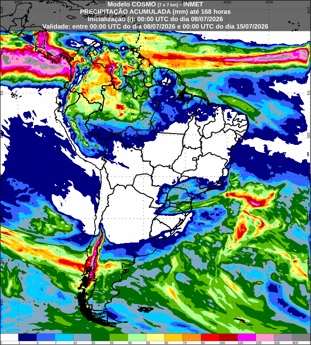 mario_bidegain's tweet photo. #Pronóstico de lluvias acumuladas MIE08-MAR14 julio sobre Sudamérica según COSMO7 (@inmet_). Se esperan 80-150 mm en Sur #Chile (Los Lagos) y Oeste Patagonia #Argentina. De 2-10 mm sobre #PBSAS y Sur #Uruguay. 5-40 mm sobre Paraná, S. Catarina y Norte Rio Grande Sul en #Brasil. https://t.co/dc2mZMRtpr