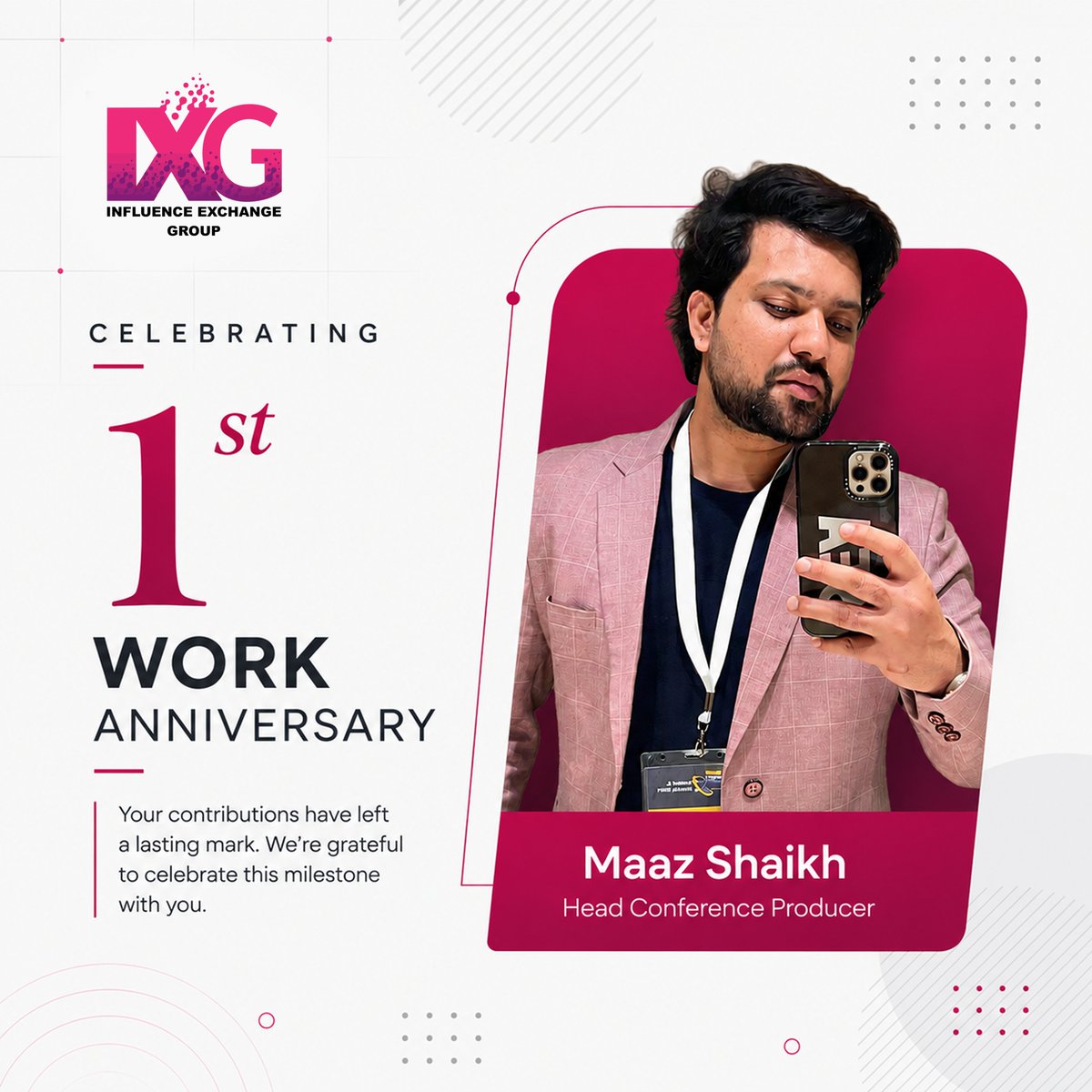 IXG2024's tweet photo. 1 year. Countless events. Infinite impact.🎉
Thank you for your passion, creativity, and commitment to excellence, Maaz. Here's to many more!
#MaazShaikh #WorkAnniversary #1YearStrong #EventProducers #ConferenceProducers #InfluenceExchangeGroup #TeamCelebration #EventExcellence https://t.co/4Uyyf454MJ