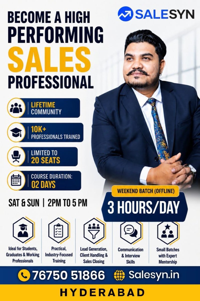 salesyn_'s tweet photo. Become a High-Performing Sales Professional with SALESYN! An intensive 2-day offline weekend workshop will equip you with the practical skills employers and businesses value most!

📞 Call/WhatsApp: 76750 51866
🌐 Visit: https://t.co/SnMeoA3zSU

#SalesTraining #SalesProfessional https://t.co/rTsRRTQMT1
