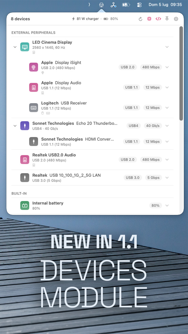 simplemal's tweet photo. https://t.co/tJuddBArJ3 ver 1.1: ho aggiunto un modulo "Devices" che mostra tutti i dispositivi connessi al Mac con una serie di informazioni utili. Dice anche l'usura della batteria, la potenza di ricarica attuale, i tipi di cavi usati, la velocità delle periferiche e il tipo https://t.co/VDx2n3X18T