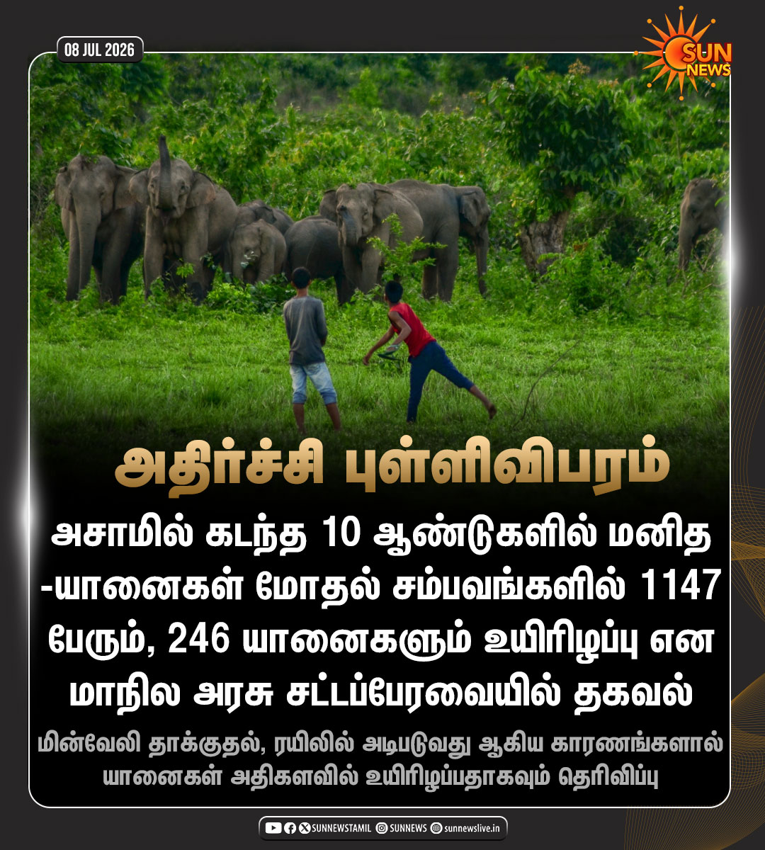 sunnewstamil's tweet photo. #NewsUpdate | 10 ஆண்டுகளில் 1147 மனிதர்கள், 246 யானைகள் உயிரிழப்பு - அதிர்ச்சி அளிக்கும் அசாம் புள்ளிவிபரம்

#SunNews | #Assam | #Elephant https://t.co/9XNnKYEnfM