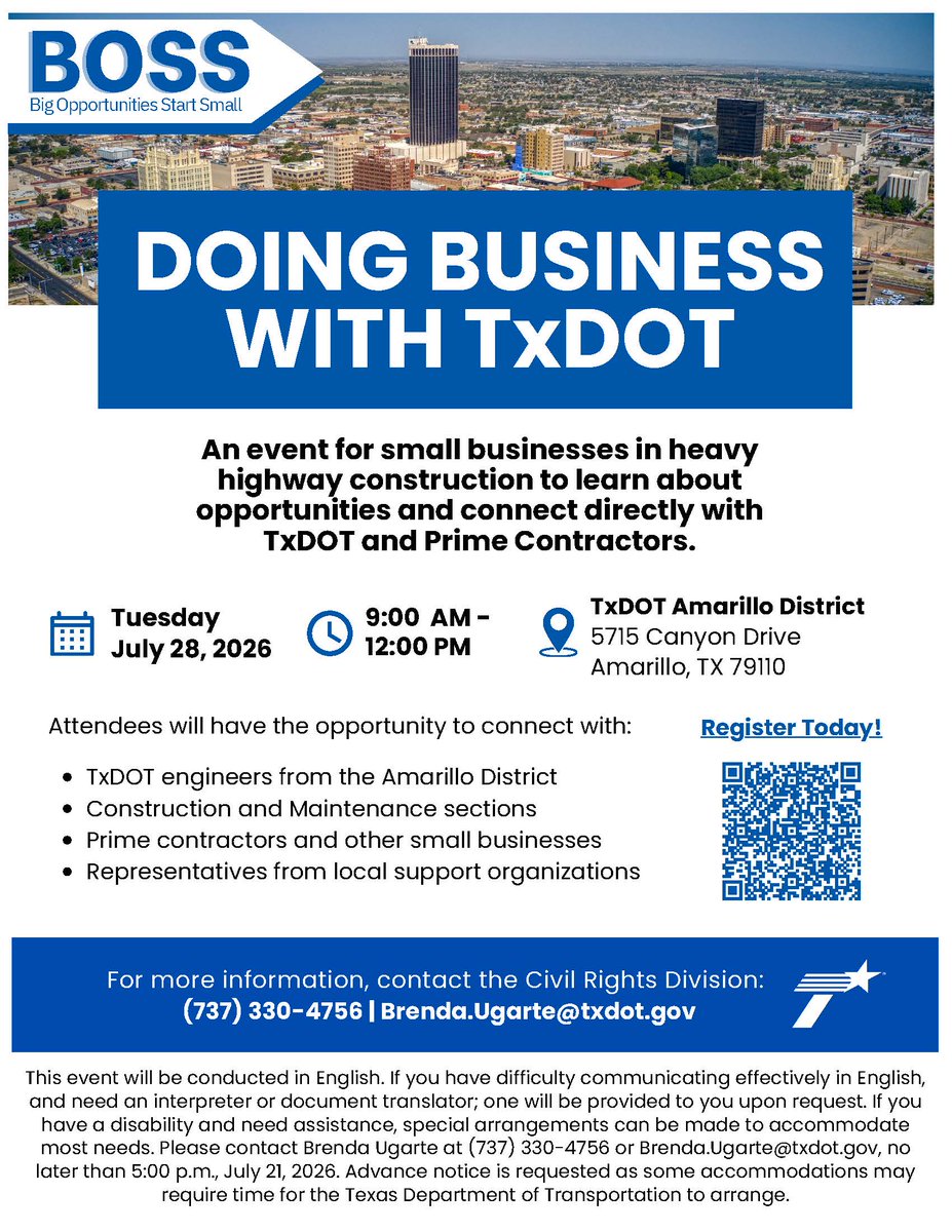 TxDOTAmarillo's tweet photo. 🚧 DOING BUSINESS WITH TxDOT🚧

Small businesses in heavy highway construction are invited to connect with TxDOT engineers, prime contractors, and local support organizations.

Register at the link below as space is limited!

https://t.co/CrGNn2qrQW

We hope to see you there! 🤝 https://t.co/X6geEy9qPX