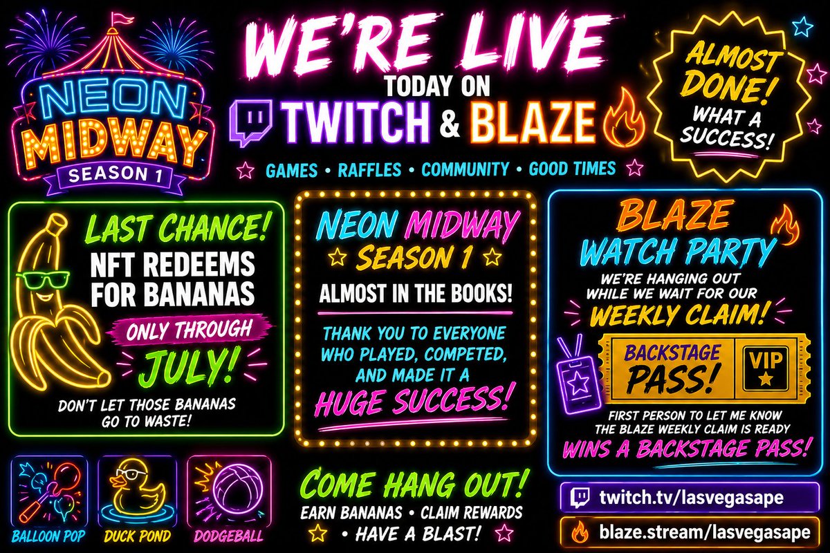 LasVegasApe702's tweet photo. 🎪🔥 WE'RE LIVE TODAY on Twitch & Blaze! 🔥🎪

🚨 LAST CHANCE REMINDER! 🚨

🍌 NFT Banana Redeems are ONLY available through the end of July! Don't let those bananas go to waste—cash them in while you still can!

🏆 Neon Midway Season 1 is almost in the books, and what an incredible first season it's been! Huge thanks to everyone who played, competed, and helped make it a massive success. 💜

🎉 PLUS... we're hosting a Blaze Watch Party while we wait for our weekly claim!

🎟️ FIRST person to tell me the Blaze Weekly Claim is ready wins a BACKSTAGE PASS! 👀

Come hang out, earn bananas, claim your rewards, and celebrate an awesome Season 1 with us!

🎮 Twitch: https://t.co/YJWlf0KS3Q
🔥 Blaze: https://t.co/HKcgQVJBmH
#Twitch #Blaze #NFT #Web3Gaming #CryptoGaming #NeonMidway #Giveaway #GamingCommunity