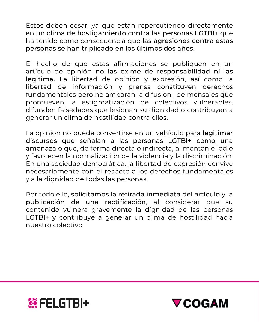 FELGTBI's tweet photo. ❌No vamos a permitir que se normalice el odio.

Exigimos a 'EL MUNDO' la retirada de un artículo que vinculaba el Orgullo con la pederastia y lo hemos puesto en conocimiento de la FAPE.

Basta ya de bulos y de discursos de odio.

📄 Consulta la carta íntegra. https://t.co/3p2JLDGgFv
