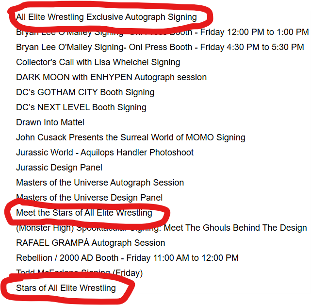 IamPenman's tweet photo. @SD_Comic_Con @AEW Nevermind...there are actually 3 of them! When going to put your credits in, there are 3 AEW options for the same time. https://t.co/YuzMzcfZib