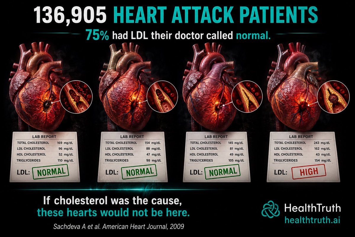 markkaplan20's tweet photo. In 2009, Sachdeva and colleagues studied 136,905 patients hospitalized for heart disease.

They looked at their cholesterol levels on admission.

75% had LDL levels their doctor would have called normal.

Look at these four hearts. All of them are having heart attacks. Three out of four have lab reports that say normal. Their doctors were satisfied. Their cholesterol was “under control.”

They had heart attacks anyway.

Because nobody tested what was actually attacking their arteries. Nobody tested fasting insulin. Nobody tested hs-CRP. Nobody tested homocysteine. Nobody tested Lp(a).

They were given a standard lipid panel, told their numbers were fine, and sent home with a false sense of security.

If cholesterol was the cause, these hearts would not be here.

The standard lipid panel is a 40-year-old test measuring a 40-year-old theory. And 75% of the people it was supposed to protect ended up in the hospital anyway.

The test is not broken. The thesis behind it is.

(Sachdeva A et al. American Heart Journal, 2009. N=136,905)