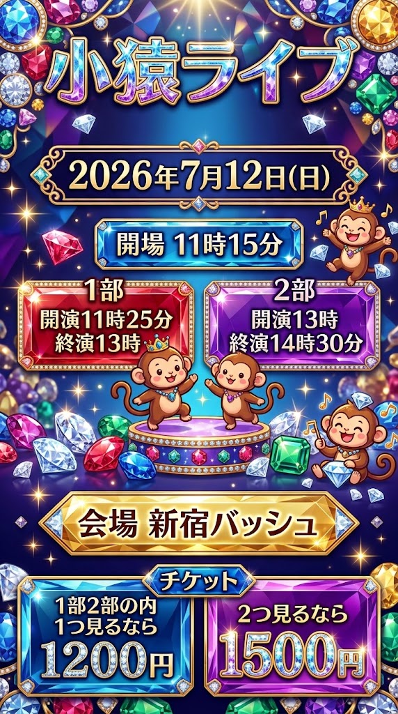 takastarfire's tweet photo. 日曜日１本目(*^_^*)

小猿ライブ(*^_^*)

上位1組、 大首領大猿ライブ(賞金５０、０００円)　へオファー！

次の1組、　首領猿ライブ(賞金２５，０００円)　へオファー！

2026年7月12日　(日曜日)　11時25分~14時30分@ 新宿バッシュ
小猿ライブ！☆☆☆　〜ネタライブ〜

開場11時15分
１部 開演11時25分 終演13時
２部 開演13時 終演14時30分
※エンディングが10分ほどあります。

会場 新宿バッシュ
住所 新宿区歌舞伎町1-28-3 武井ビル２F

チケット
1部2部の内 1つ見るなら1200円
2つ見るなら1500円

配信1500円(アーカイブ有)
https://t.co/xsKsmbljrg

MC 藤田早希

キングエース
ハイパーラッシュ
風神アラジン
蒲田キック・パンチ
ジャイアントブルズ
ハンライス
炊きたてインゴット
BOOPOO
ふじばやし
コイヌマン
コップ
灰熊
ねぎたたくや
マンマーレ
わーミヤギ
孝行球児
TEAM近藤
メガネロック大屋
バジルバンバンジー
コイン通り
くじゃくだん
ベストフレンド
シテントル
エコブロック
爆裂マドンナ
ドナタ
ダンシングヒーロー
くじゃくだん
ジャガモンド
ヒッキー北風
中華大満足
ドナタ
かわゆし銀行当座 
ジネンジョ
うさぎダンプ
ともし火
ドレッドマネー
レモンと炭酸
モリーナ
とっ法螺
白れんが

その他

スポンサー様

#FAIRYTAIL
https://t.co/1znz3HFJyW

今後のライブ全日程こちらです🙇
https://t.co/DDd0vQHrwM

ホームページ
https://t.co/kzLF6zopIO

チケット予約はTwitterでもオープンチャットでも公式LINEでも芸人さんでも大丈夫です。
↓

オープンチャット「肉食、疾風、小猿、首領猿、チケット予約」
https://t.co/PcDl631YKd

公式LINE
https://t.co/YJqMnmq6fy

どの場合でも芸人さんにバックつきます。
