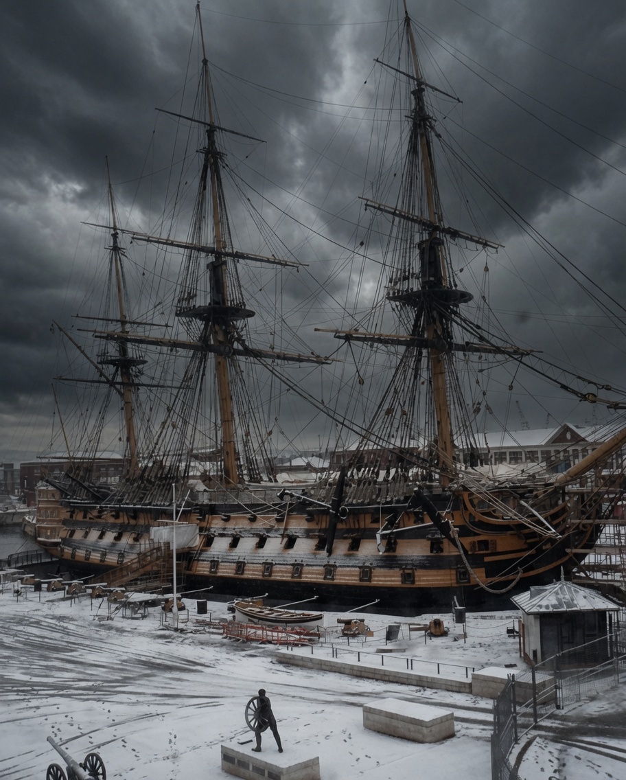 Fascinate_Hist's tweet photo. Lord Nelson’s flagship, the HMS Victory, preserved in the winter snow. Absolute masterpiece of a photo. https://t.co/I4sboREu7J
