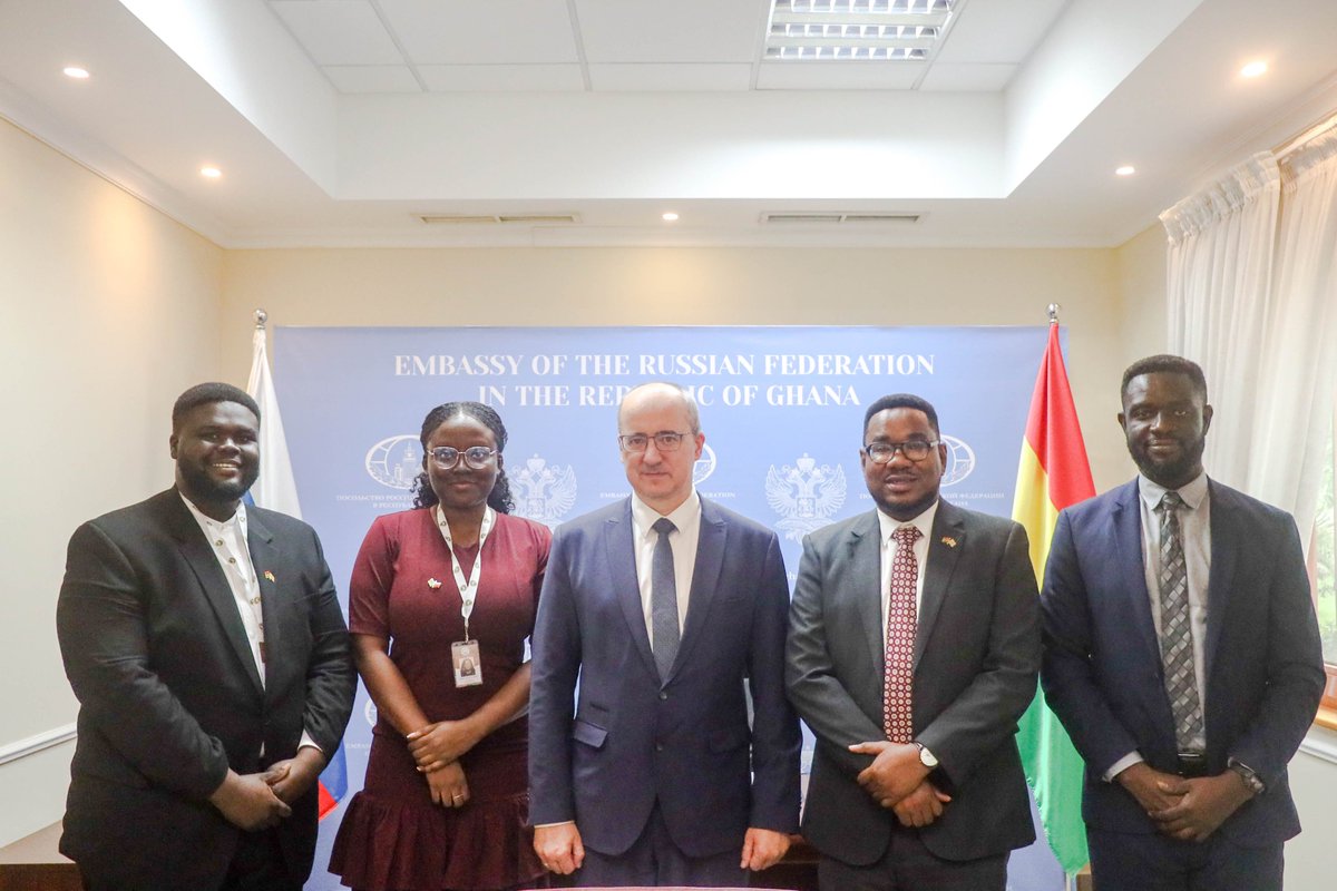 ydghana's tweet photo. 🇬🇭🇷🇺 Courtesy Call on the Ambassador of the Russian Federation to Ghana 🇷🇺🇬🇭

A delegation from the Young Diplomats of Ghana (YDG) comprised of Programmes Director, Moritz Garbrah Yankah, Business Development Manager, Ben David Twum-Ampofo, and Chief Delegates of YDG Cohort VI, Pamela Tammy Darkowaah Manu and David-Kratos Ampofo, paid a courtesy visit to H.E. Andrei Ordash, Ambassador of the Russian Federation in Ghana.

The meeting focused on the ties between the two countries and reflected on the experiences, as well as His Excellency's diplomatic journey so far as Russia's representative in Ghana. We also gained insights into cultural exchange initiatives, including efforts to promote the Russian language in Ghana.

We extend our appreciation to His Excellency Andrei Ordash and the Embassy of the Russian Federation in Ghana for hosting us, and we look forward to continued engagement and collaboration.

#YDG #iamayoungdiplomat #YoungLeaders #CourtesyCall #Diplomacy #InternationalRelations #Russia