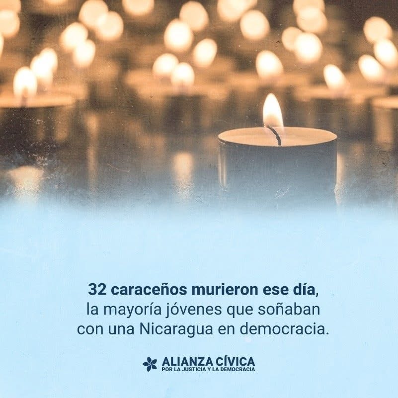 AlianzaCivicaNi's tweet photo. El #8DeJulio de 2018 el régimen impuso el terror, la muerte, la destrucción y un estado de sitio para reprimir a un pueblo que exigía libertad y justicia.
Hoy los asesinos siguen impunes; pero pagarán por sus crímenes porque la justicia siempre llega.
¡Sin memoria no hay justicia!
#Nicaragua🇳🇮