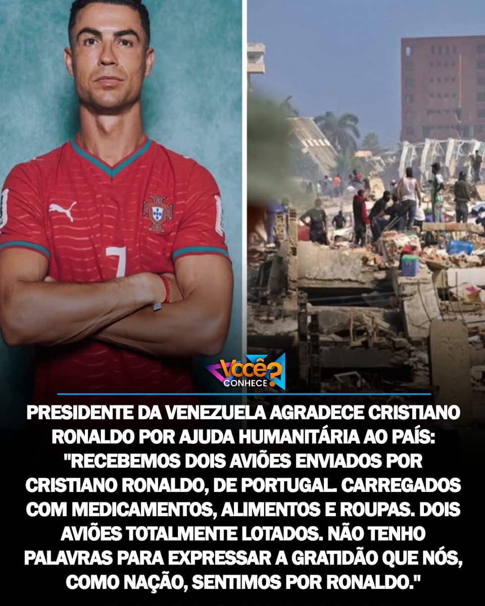 SensoCrtico1's tweet photo. A presidente da Venezuela declarou que o país recebeu uma importante ajuda humanitária enviada por Cristiano Ronaldo, de Portugal. 

Segundo ela, duas aeronaves chegaram ao território venezuelano transportando medicamentos, alimentos e roupas para a população.

"Recebemos dois aviões enviados por Cristiano Ronaldo, de Portugal. Medicamentos, alimentos e roupas. Dois aviões lotados. 

Não tenho palavras para descrever a gratidão que nós, como país, sentimos por Ronaldo", afirmou a presidente.