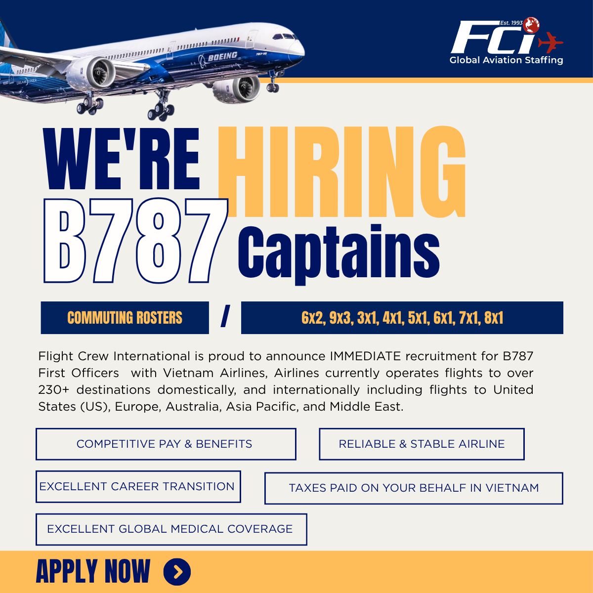 fci_aviation's tweet photo. Click Here to Apply: https://t.co/ezK66fCdG5
🚨 URGENT HIRING – B787 CAPTAINS ✈️

Join Vietnam Airlines – the National Flag Carrier of Vietnam and a proud member of the SkyTeam Alliance!

#B787Captain #PilotJobs #AviationJobs #VietnamAirlines #Boeing787 #AirlinePilot https://t.co/0mB5CcPHrW