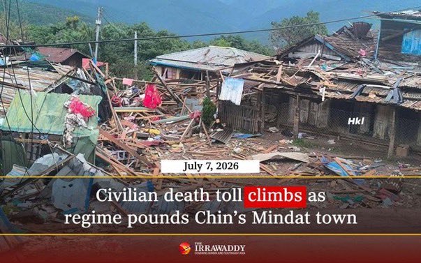 scarlletnn's tweet photo. #Chin State, One woman was killed and 10 houses destroyed when the Junta regime bombed in Mindat town and a nearby village on Monday. This is came after three children were killed in their beds by a regime air strike.
#2026Jul08Coup
#WhatsHappeningInMyanmar
#WarCrimesOfJunta https://t.co/DLTaAt7Nfw