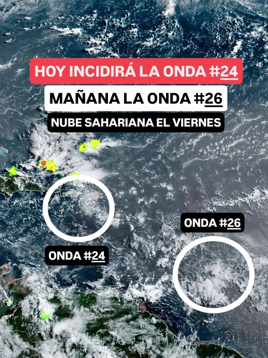 JeanSuriel's tweet photo. 🔴🔴ATENCIÓN | Dos ondas tropicales y una vaguada incidirán en las próximas 24 a 36 horas en República Dominicana con fuertes precipitaciones, ráfagas de viento, descargas eléctricas y algunas granizadas: estos fenómenos también aumentarán el potencial de inundaciones repentinas hoy y mañana.

🔴En las últimas horas han disminuido las partículas de la nube sahariana número 8: esto permitirá la activación de la vaguada por las temperaturas calurosas en la región caribeña y la cercanía de la onda tropical 24.

Sigue ⬇️