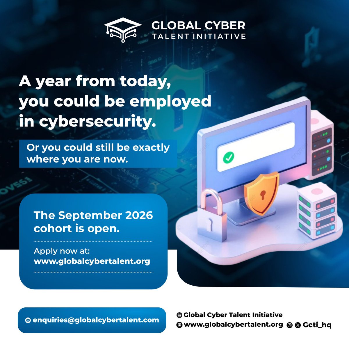 gcti_hq's tweet photo. One year from today:

→ Employed in cybersecurity

OR

→ Still exactly where you are now.

Choose your future.

September 2026 GCTI cohort is open 👇

https://t.co/71imuu5xA2

#GCTI #CyberSecurity https://t.co/BA3wEFVti2