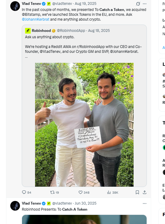 BSCJDW's tweet photo. 搜一下robinhood官推以及ceo，甚至所有的官方，最多的一句话是catch a token，缩写竟然是cat！

let us send it. https://t.co/gHpk2sVB46