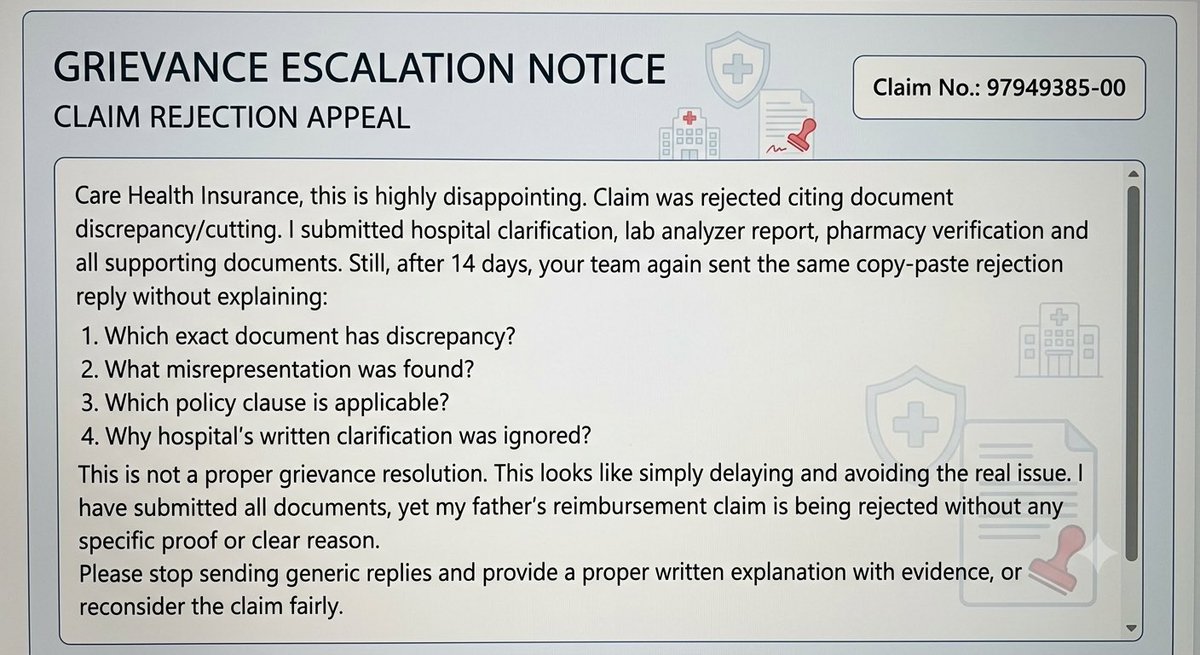 Ayushh23's tweet photo. @careinsuranceIN My reimbursement claim was rejected for alleged document discrepancies. I submitted hospital clarification and proof, yet after 14 days you sent the same copy-paste reply without specifying discrepancy/policy clause. Please review fairly. Claim: 97949385 @Irdia https://t.co/1uqLrjKcZM
