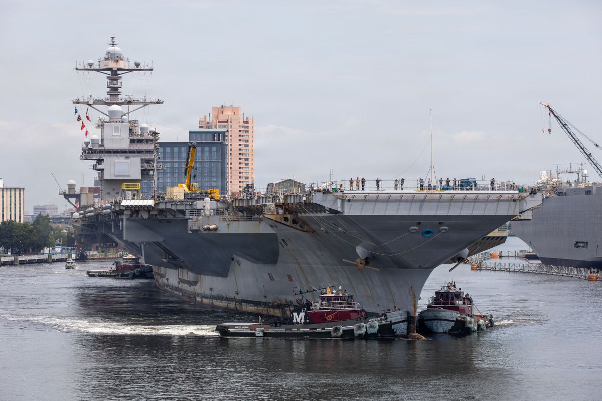 USNavyNNPP's tweet photo. Ushering in a new era of aircraft carrier maintenance, Norfolk Naval Shipyard (NNSY) welcomed USS Gerald R. Ford (CVN 78) in advance of its Planned Incremental Availability following the carrier’s historic 326-day deployment, July 7.

Read more here: https://t.co/Gg0E8zjeeU https://t.co/mYXFJ3crEK