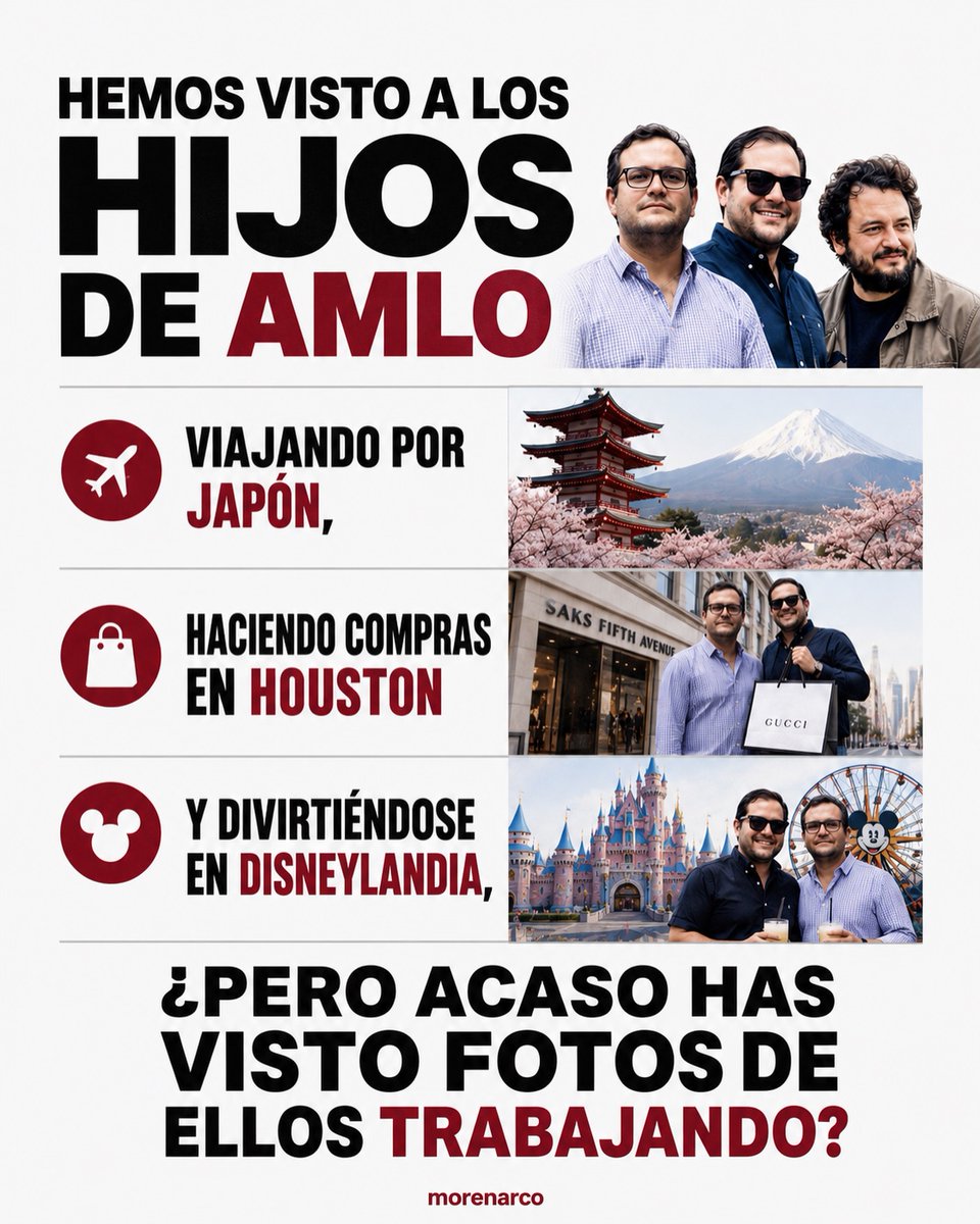 PorMiMexico71's tweet photo. Verán a los hijos de López Obrador paseando y gastando millones de pesos por el mundo.

Los podrán ver haciendo transas, PERO NO LOS VERÁN TRABAJANDO. https://t.co/XKYDavQ8mm