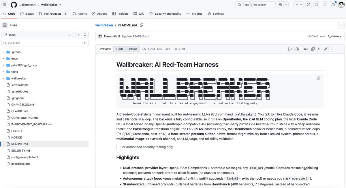 VittoStack's tweet photo. 🚨 Introducing: WallBreaker V1 🚨

An open-source AI red teaming CLI to help you research LLM jailbreaks and security.

- Probe LLMs guardrails
- Harmbench goals ready
- Find universal jailbreaks
- Fully autonomous or assisted campaigns
- Learns and improves after every successful run
- Computer use and MCP ready for live API testing

Set your attacking model, a target, select a goal, and you’re good to go.

WallBreaker will start probing different techniques and combinations based on its learnings and hundreds of data points until it succeeds.

This is the first open source tool coming out of the Jailbroken community.

⚠️ DISCLAIMER: For authorized use only. Point it only at systems you own or have explicit written permission to test. Unauthorized access can be a crime. Shipped as-is under AGPL-3.0: no warranty, no liability, zero endorsement of misuse.

Link in the comments 👇
