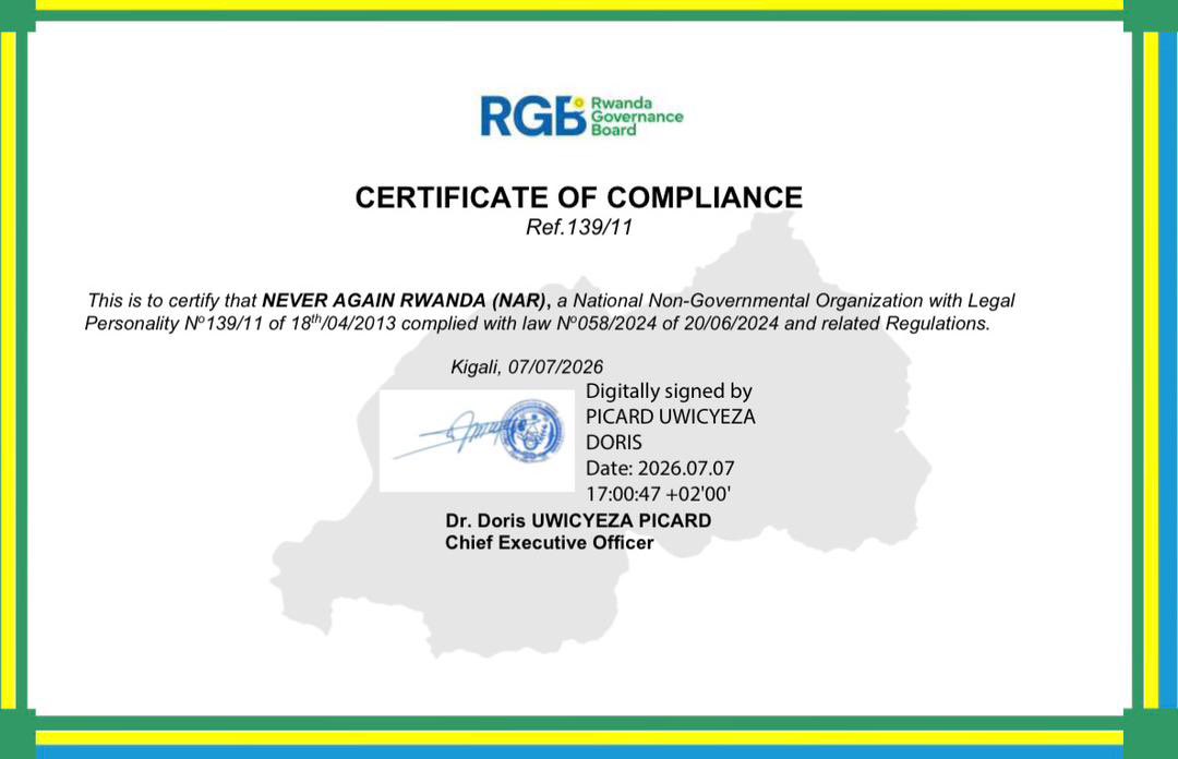 NARwanda's tweet photo. As of yesterday, Never Again Rwanda is fully compliant with the new NGO Law No. 058/2024 of 20/06/2024. We sincerely thank the @GovernanceRw for its guidance, support and constructive collaboration throughout this process. We value this partnership and look forward to continuing to work together in advancing good governance, civic engagement and sustainable development in Rwanda.