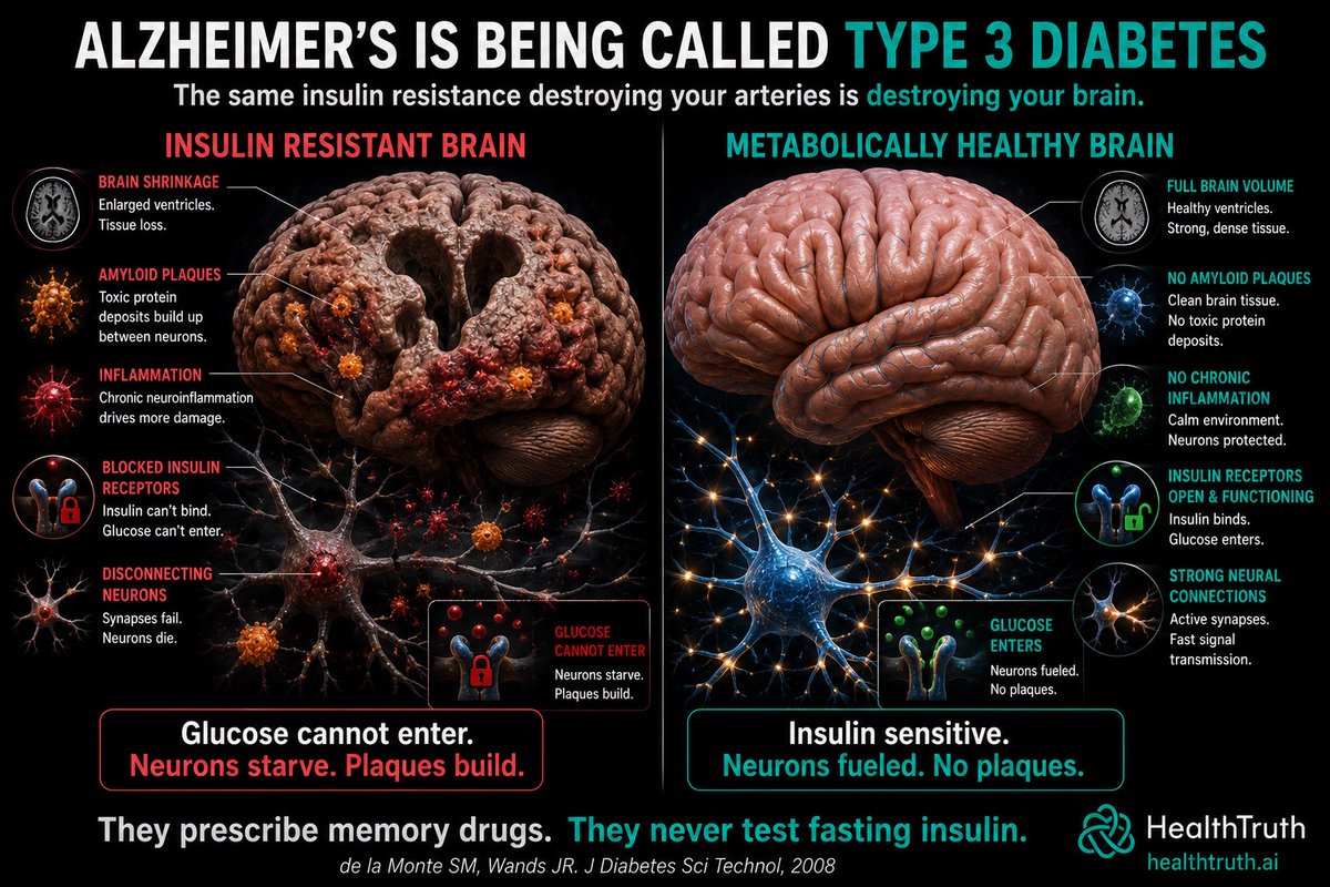 markkaplan20's tweet photo. Alzheimer’s Is Being Called Type 3 Diabetes

This might be the most important thing I have ever posted that has nothing to do with your heart.

In 2006, Dr. Suzanne de la Monte at Brown University did something nobody had tried before.

She injected streptozotocin, a toxin that destroys insulin signaling, directly into the brains of rats. Not their pancreas. Their brains.

Their blood sugar stayed normal. Their pancreas was untouched. The only thing she disrupted was insulin signaling inside the brain.

The rats developed Alzheimer’s disease.
Amyloid plaques. Tau phosphorylation. Brain atrophy. Cognitive decline. Every hallmark of the disease appeared, triggered by one thing: the brain could no longer respond to insulin.

She called it Type 3 Diabetes.

The same insulin resistance that damages your arteries, raises your triglycerides, and drives heart disease is doing the exact same thing to your brain.

When insulin receptors in the brain are blocked, glucose cannot enter neurons. The neurons starve. Amyloid plaques build. Synapses fail. The brain shrinks.

When the brain is insulin sensitive, glucose enters freely. Neurons are fueled. No plaques. No shrinkage. No disease.
Same person. Same genetics. Different metabolic environment.

They prescribe memory drugs that do not work. Billions of dollars spent on targeting amyloid plaques. Not one drug has reversed cognitive decline.

They never test fasting insulin.

The root cause of Alzheimer’s may be the same root cause destroying your arteries. Insulin resistance. 

The one marker most doctors never order.

(de la Monte SM et al. J Alzheimer’s Disease, 2006. Intracerebral streptozotocin model) (de la Monte SM, Wands JR. J Diabetes Sci Technol, 2008)