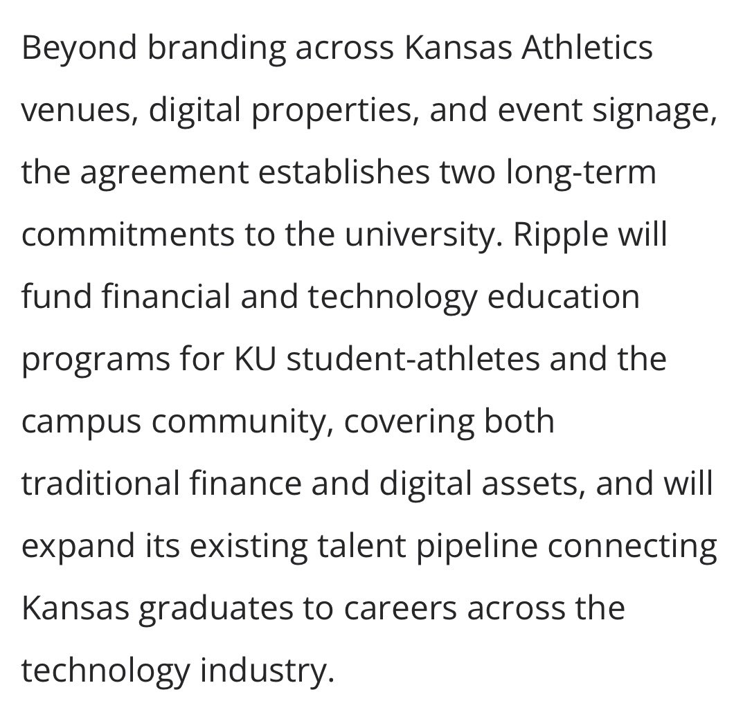 NateGeraci's tweet photo. New partnership b/w Kansas Athletics &amp; Ripple…

XRP will be featured on all KU uniforms, the first time crypto on jersey of major college athletics program.

Ripple also funding education programs covering both tradfi &amp; defi.

@bgarlinghouse a KU alum (as is yours truly).

Huge. https://t.co/hzp1vdrfVK