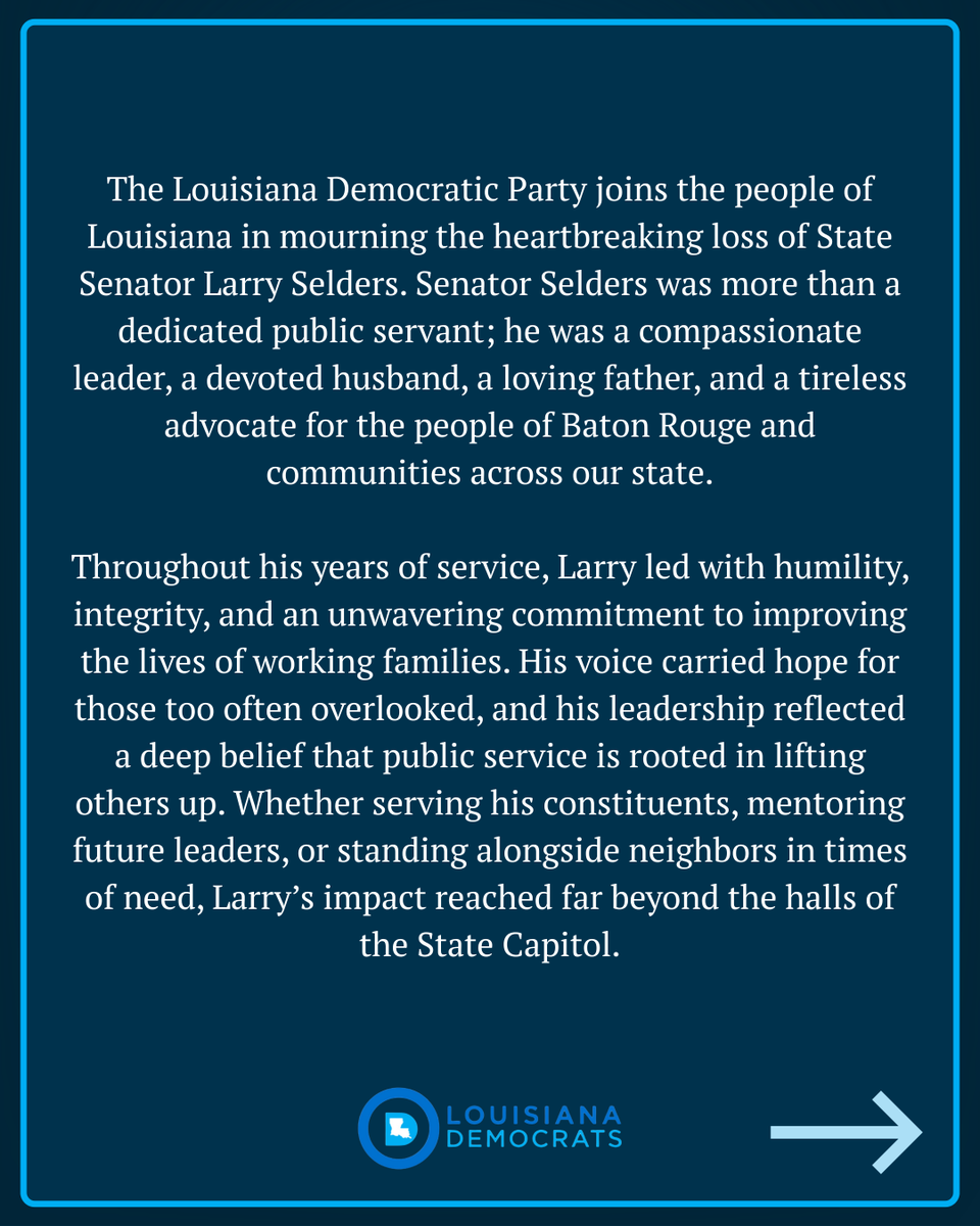 LaDemos's tweet photo. On behalf of the Louisiana Democratic Party, we extend our deepest condolences to his beloved wife, children, family, friends, Senate colleagues, and all who are grieving this tremendous loss. https://t.co/l3fPv1FMi7