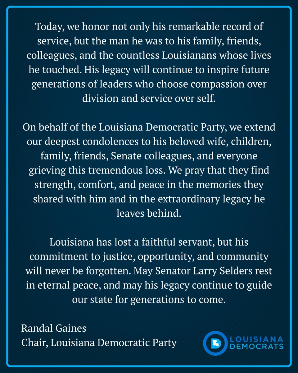 LaDemos's tweet photo. On behalf of the Louisiana Democratic Party, we extend our deepest condolences to his beloved wife, children, family, friends, Senate colleagues, and all who are grieving this tremendous loss. https://t.co/l3fPv1FMi7