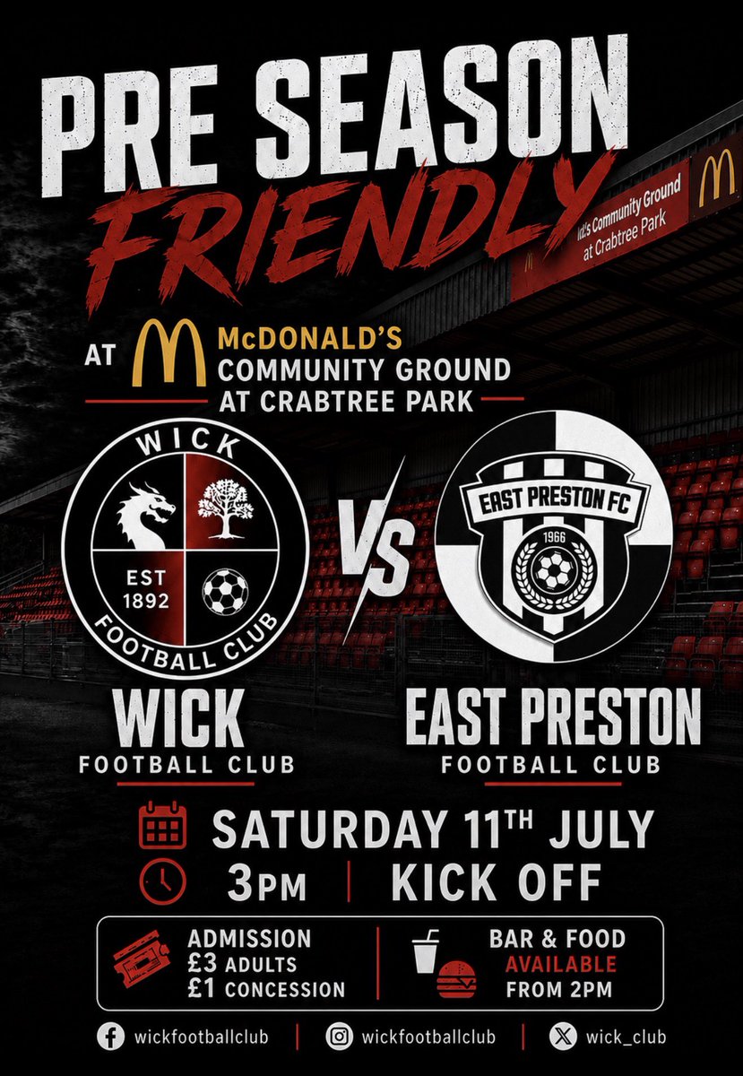 wick_club's tweet photo. Coming up on Saturday we welcome @EPFC2020 for a pre season friendly.

🕒 3pm kick off 

🎟️ £3 Adults /£1 Concession 
       U16 free with paying adult 

🍺🍔 bar and food from 2pm. https://t.co/ihzGcMluMM