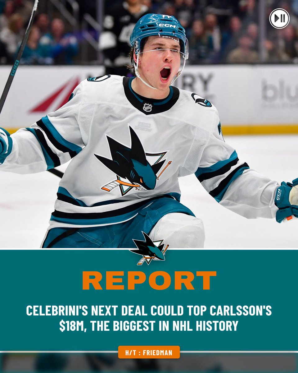 PlayPauseHockey's tweet photo. The Sharks are about to make Macklin Celebrini the highest-paid player in NHL history, and he has earned every dollar. Friedman says his next deal could top Carlsson's $18M. 115 points at 19. https://t.co/SB7JVoLOPE