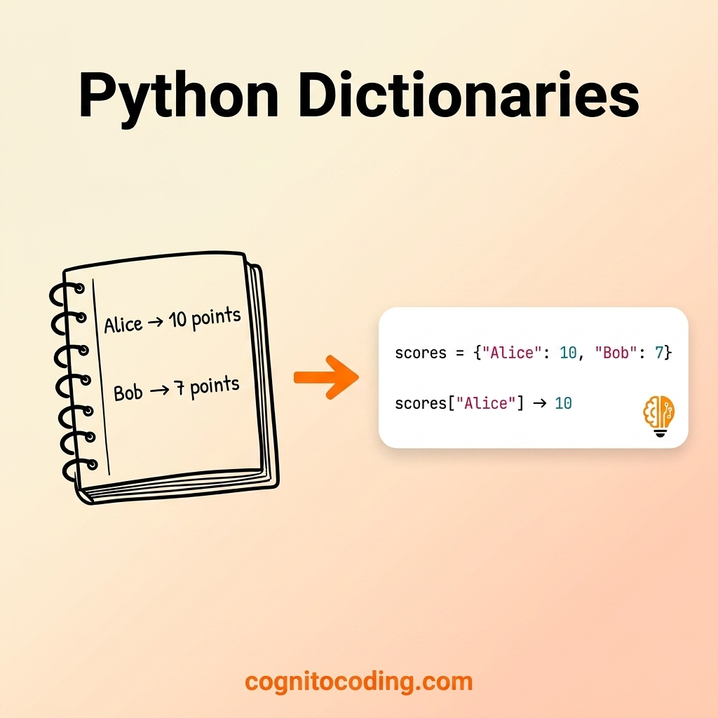 CognitoCoding's tweet photo. Ten if-checks to find one value. There's a fix.

Python dictionaries are like a phone book — look up the name, get the answer back. Instantly.

scores["Alice"] → 10

Where in your code would a dictionary clean things up? https://t.co/HxsNte5Umr