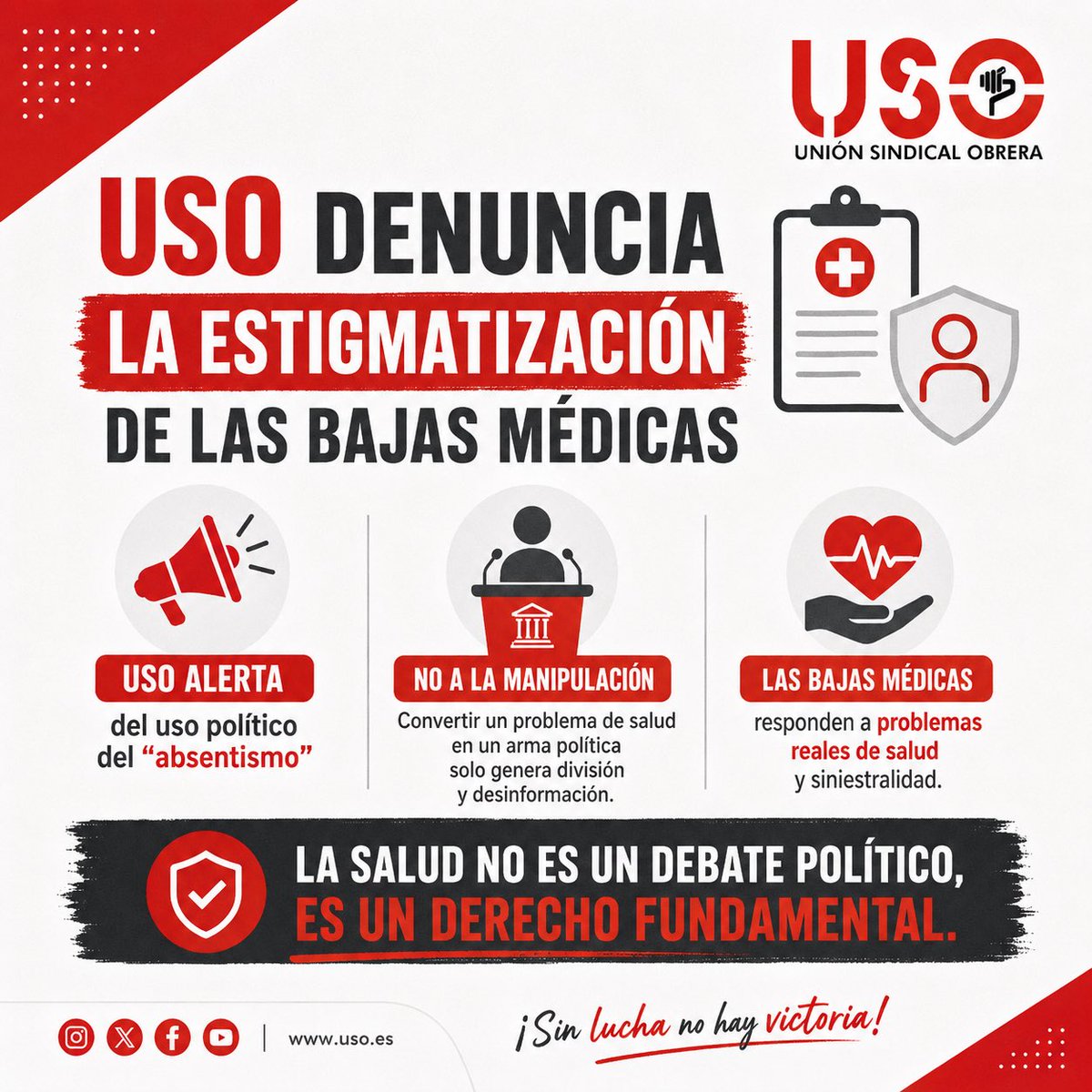 AccionsindUSO's tweet photo. 🚨 USO denuncia la estigmatización de las bajas médicas que son "absentismo": responden a problemas reales de salud.
❌ No se puede utilizar la enfermedad como arma política y acusar de fraude a las personas trabajadoras sin datos oficiales.

https://t.co/aT1GUQ0PWy https://t.co/mLksOgzrk9