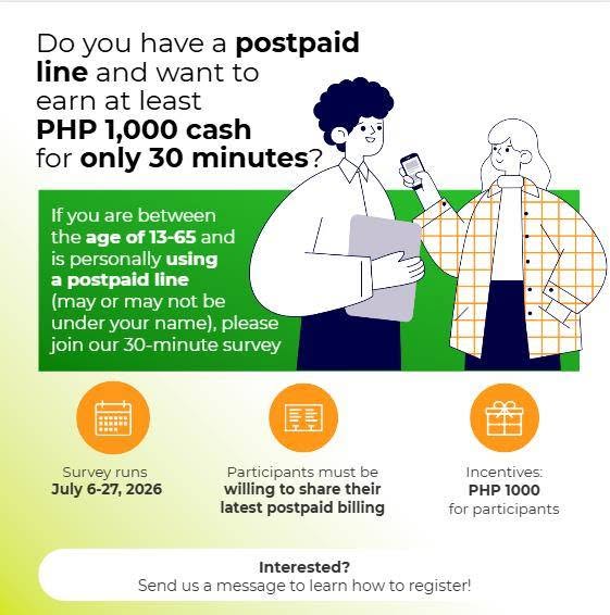 chudiaries's tweet photo. [LOOKING FOR MOBILE POSTPAID USERS]

Hello! We are conducting a research study and are currently recruiting qualified respondents. 

Details on other eligibility, scope, and participation are provided in the image below. If you qualify, pls dm me. Thank you! #postpaid #survey #ph https://t.co/OEvb8zKfZV