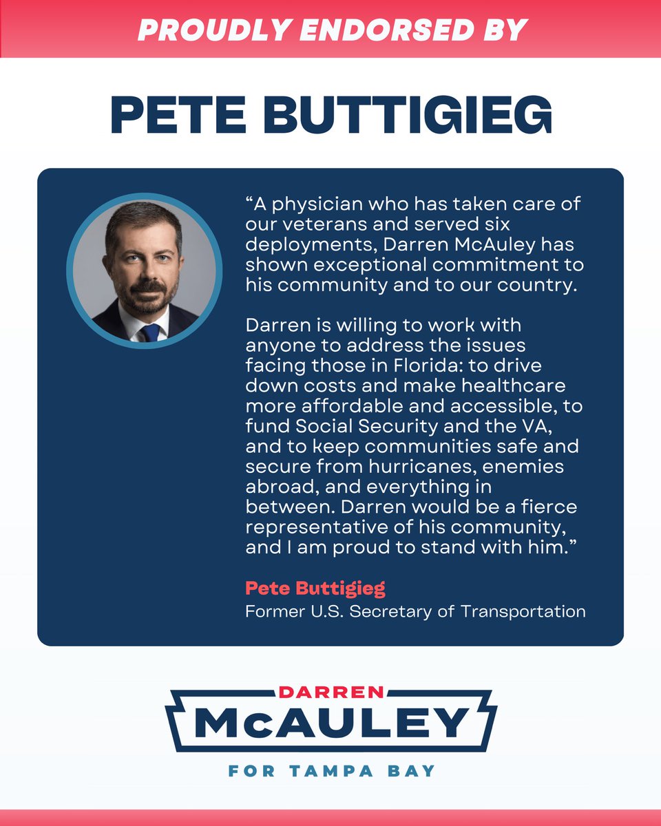darrenforfl's tweet photo. I’m proud to have @PeteButtigieg standing with us in this fight!

Pete is a fellow veteran who understands that public service is about solving problems, not serving yourself. Florida’s families and seniors are being squeezed by rising costs while corrupt politicians and lobbyists enrich themselves. 

I’m running because I couldn’t sit by while Floridians pay more for health care, housing, groceries, and utilities as politicians in Washington do nothing. 

Pete’s endorsement is another clear sign that we’re building the momentum we need to take on my D.C. establishment opponent and win.