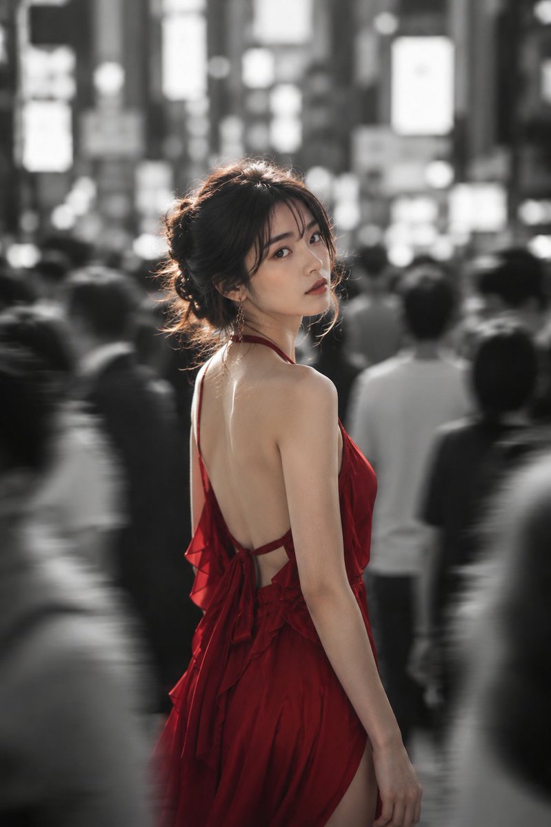 Woman in Red Dress in Monochrome City