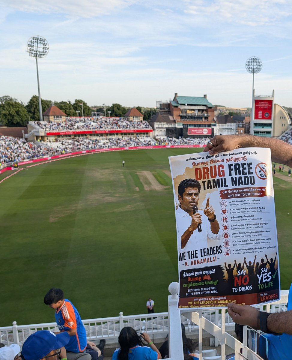 AreYouChaitanya's tweet photo. From one of cricket’s biggest stages to a message that matters most. 

Proud to stand with We The Leaders and K. Annamalai in spreading awareness for a Drug Free Tamil Nadu. Campaign during yesterday’s 3rd t20 England vs India match at nottingham.

The future belongs to a healthy, drug-free generation.

#DrugFreeTamilNadu #WeTheLeaders #KAnnamalai #SayNoToDrugs #annamalaioverseassupporters
