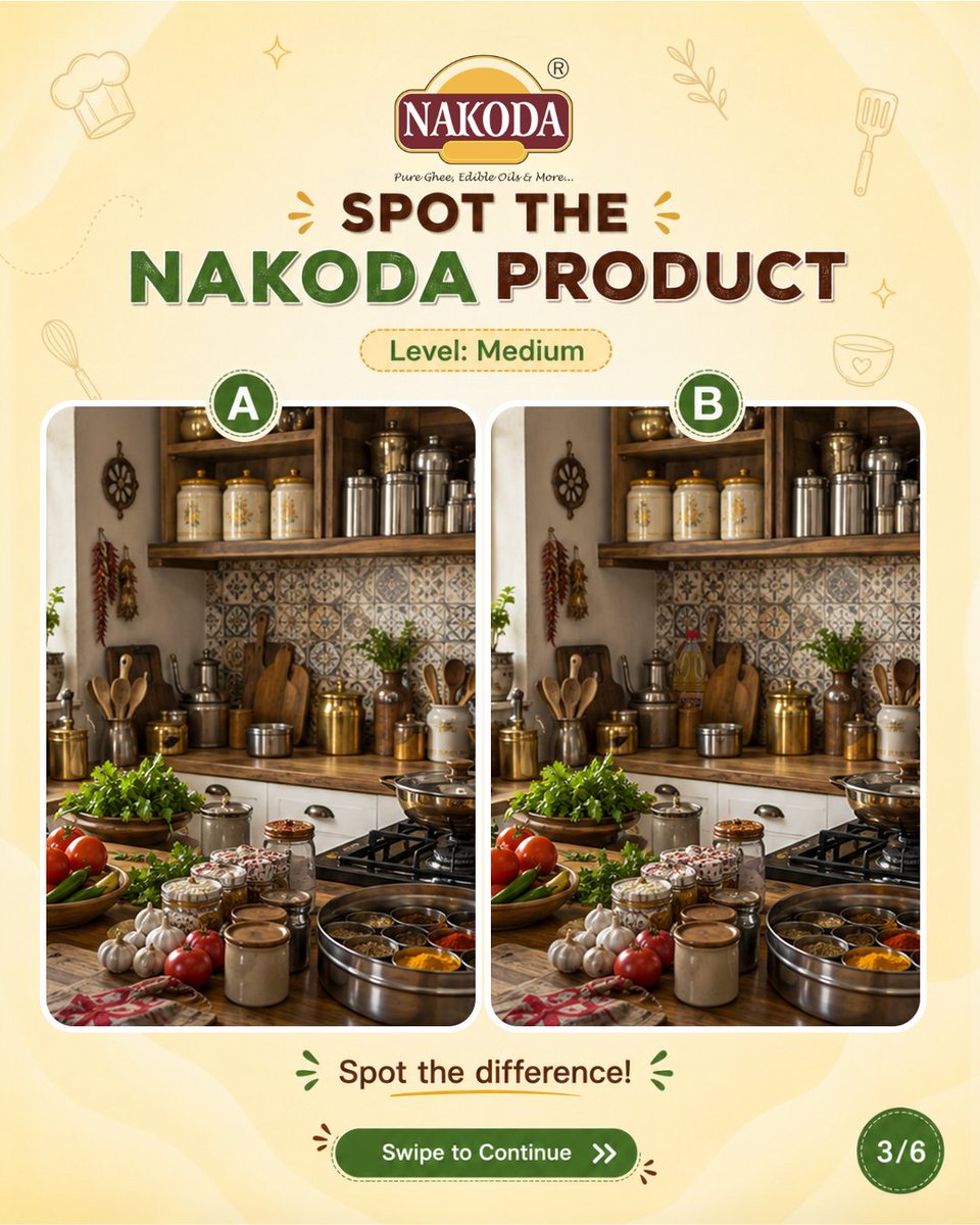 nakodagheetel's tweet photo. Think you have sharp eyes? 👀
Spot the hidden Nakoda product and comment your answer below!

#Nakoda #SpotTheProduct #ContestAlert #KitchenGame #FoodBrand #IndianKitchen #SwipeToPlay #EngagementPost https://t.co/vy4QFnPkw8