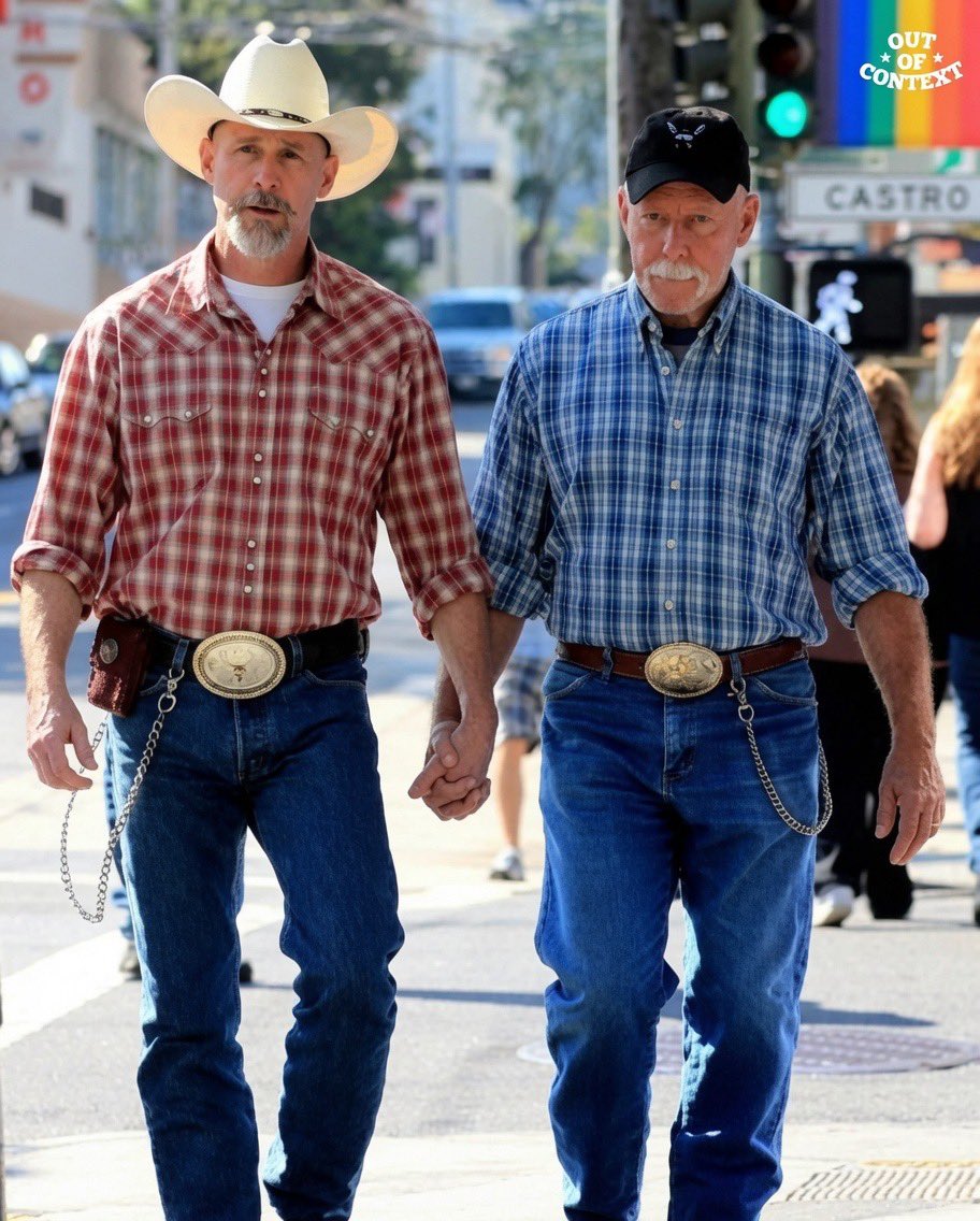 QueerFamlove's tweet photo. Just two cowboy couple holding hands and living their truth. Love doesn't get old it just gets stronger.❤️🏳️‍🌈  🌈 https://t.co/kuJF27NqjP