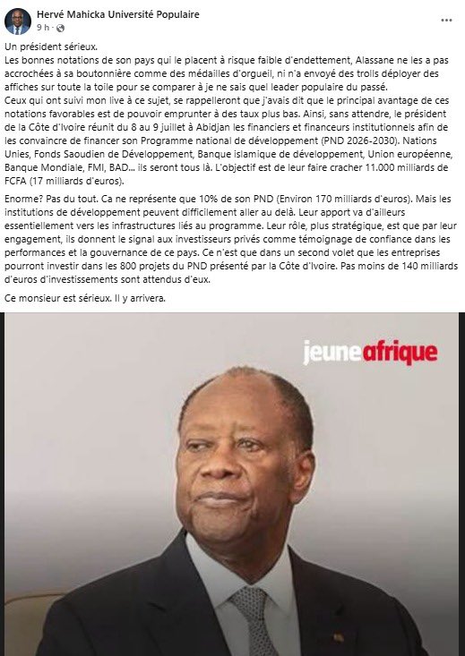 ProAO5's tweet photo. Un Président sérieux, comme dit Hervé Mahicka. Pas de médailles en plastique ni de trolls payés pour faire le buzz.

Pendant que certains hurlent dans le vide, Alassane Ouattara rassemble à Abidjan l'élite de la finance mondiale pour boucler le PND 2026-2030.

La crédibilité de la Côted'Ivoire = emprunts à taux bas. Objectifs : lever 11 000 milliards FCFA aux institutions et attirer plus de 140 milliards € du privé sur 800 projets.

Résultat ? La Côte d’Ivoire avance pendant que les grincheux restent bloqués en 2010.

C’est ça, le travail sérieux. Et ça marche