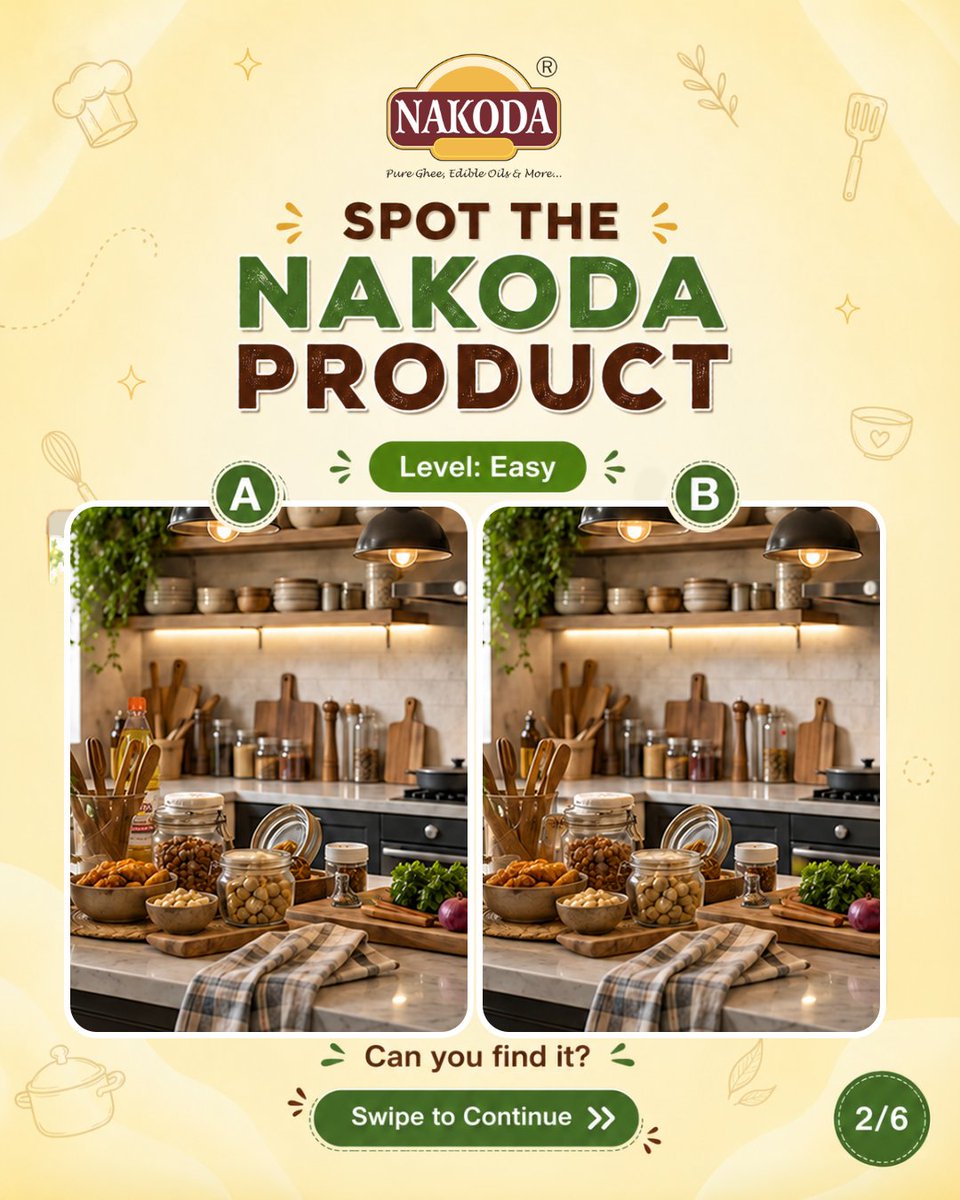 nakodagheetel's tweet photo. Think you have sharp eyes? 👀
Spot the hidden Nakoda product and comment your answer below!

#Nakoda #SpotTheProduct #ContestAlert #KitchenGame #FoodBrand #IndianKitchen #SwipeToPlay #EngagementPost https://t.co/vy4QFnPkw8