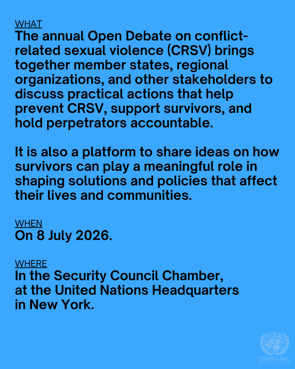 endrapeinwar's tweet photo. What is the @UN Security Council Open Debate on Conflict-Related Sexual Violence (CRSV)?
Held annually, the Open Debate brings together Member States, survivors, civil society, and experts to address the devastating use of sexual violence in conflict.
This year’s discussion will focus on honoring the promise of international law to survivors of conflict-related sexual violence - examining how the international community can close accountability gaps, strengthen justice mechanisms, and ensure that survivors remain at the center of prevention and response efforts.