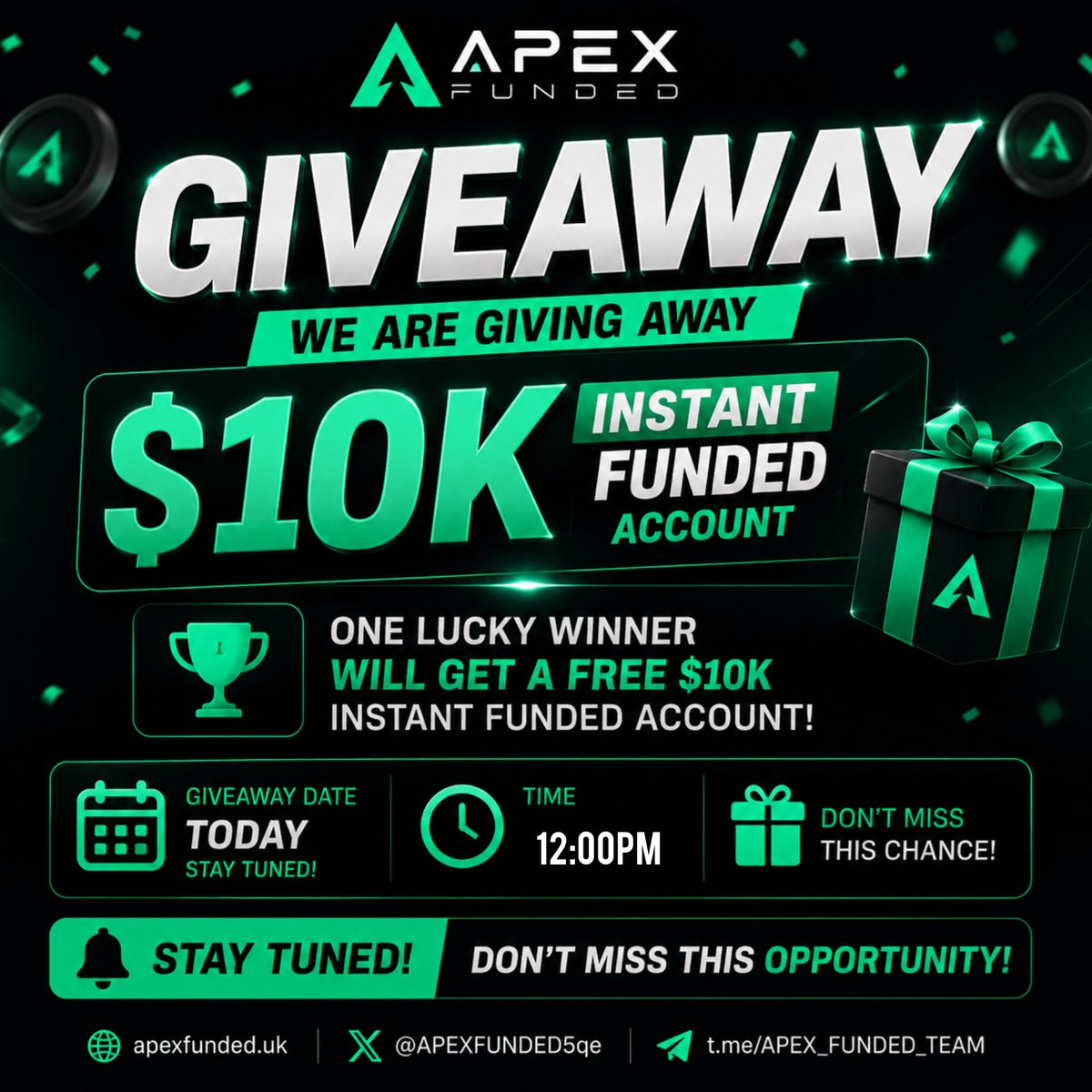 APEXFUNDED5qe's tweet photo. 🚨 APEXFUNDED GIVEAWAY 🚨
I'm giving away FREE $10,000 INSTANT Account! 🎉
To enter:
✅ Follow 
@APEXFUNDED5qe

✅ Like this post ❤️
✅ Repost 🔄
✅ Tag 2 trader friends in the comments 👥
Winner will be selected https://t.co/FhFuhnmYOb night stay turn 
Good luck to everyone! 🍀
🌐 Website: https://t.co/Xz4mjNKy8B⁠�
💬 Telegram: https://t.co/qVoROOMmxC⁠�
🎮 Discord: ApexFunded
#Giveaway #PropFirm #Forex #Futures #Trading #ApexFunded
