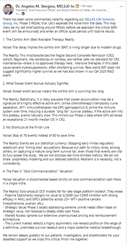 alessandrobanca's tweet photo. The CEO is clear: we’re close to readout and the science is speaking. $SLS
BAT in CR2 is fragile: no approved maintenance therapy, only toxic options.
The massive slowdown in events is not “Super BAT” — it’s a strong sign GPS is working.
They won’t stop at 78 events: all 80 are needed for solid statistics.
Valuation must reflect the full platform (CR1, post-transplant, WT1 in other cancers) + SLS009.
The latest update price targets at $30 are NICE BEFORE REAL UPWARD EXPLOSION AFTER REGAL DATA AND SL009 ADVANCE