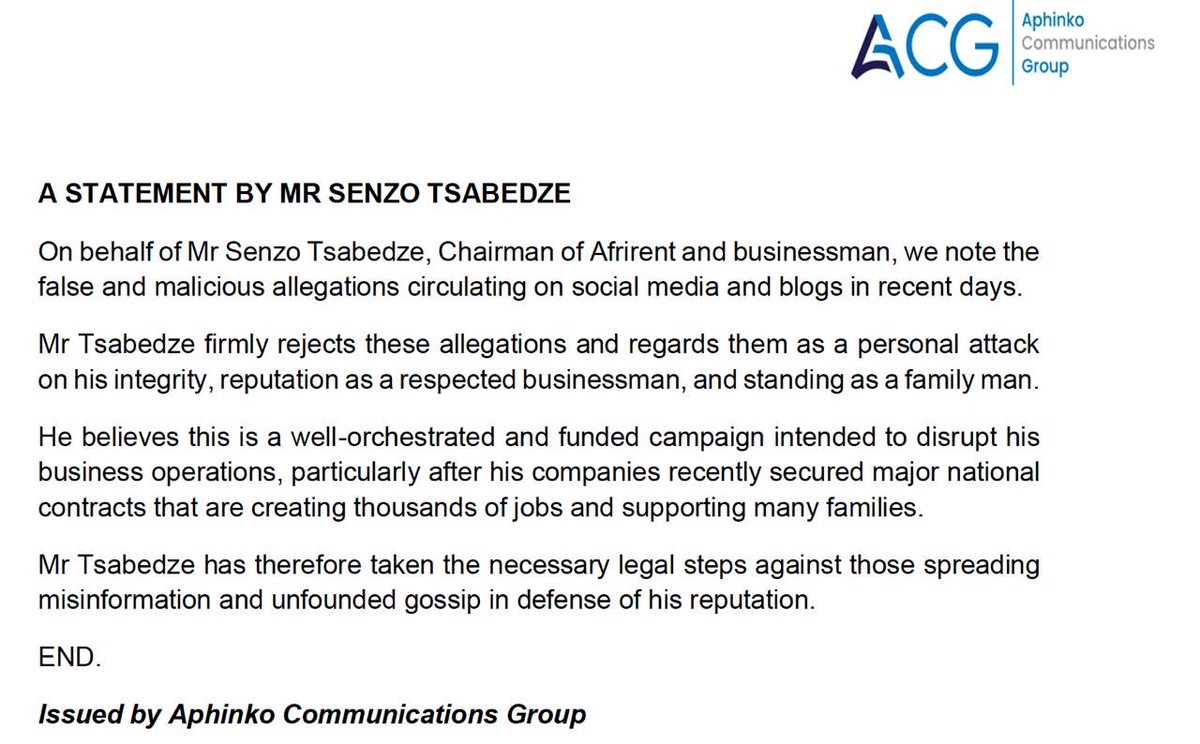 AphinkoConsult's tweet photo. Please see statement by Mr Senzo Tsabedze. https://t.co/bVFeeo48u8