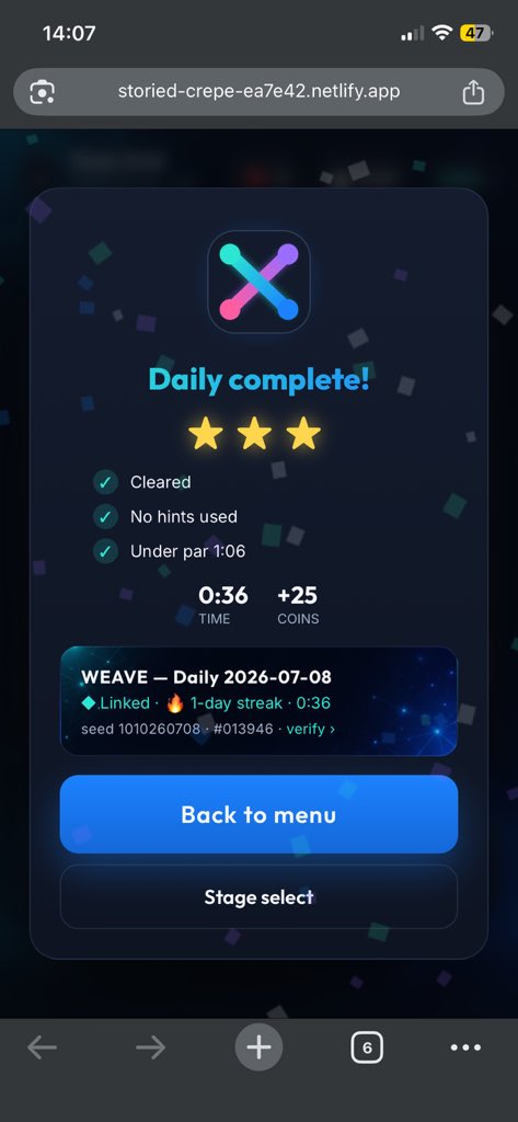 Aduragbemi_24's tweet photo. Tried WEAVE by @HCOW_Official today

4 minutes on Stage 1…

36 seconds on the Daily puzzle. 😭

I was definitely overthinking WEAVE at first.

Once the mechanics clicked, everything started making sense.

Now I want to see how evil the next stages get. 😂

#HCOW #HASHCOW https://t.co/46CGwZin2K