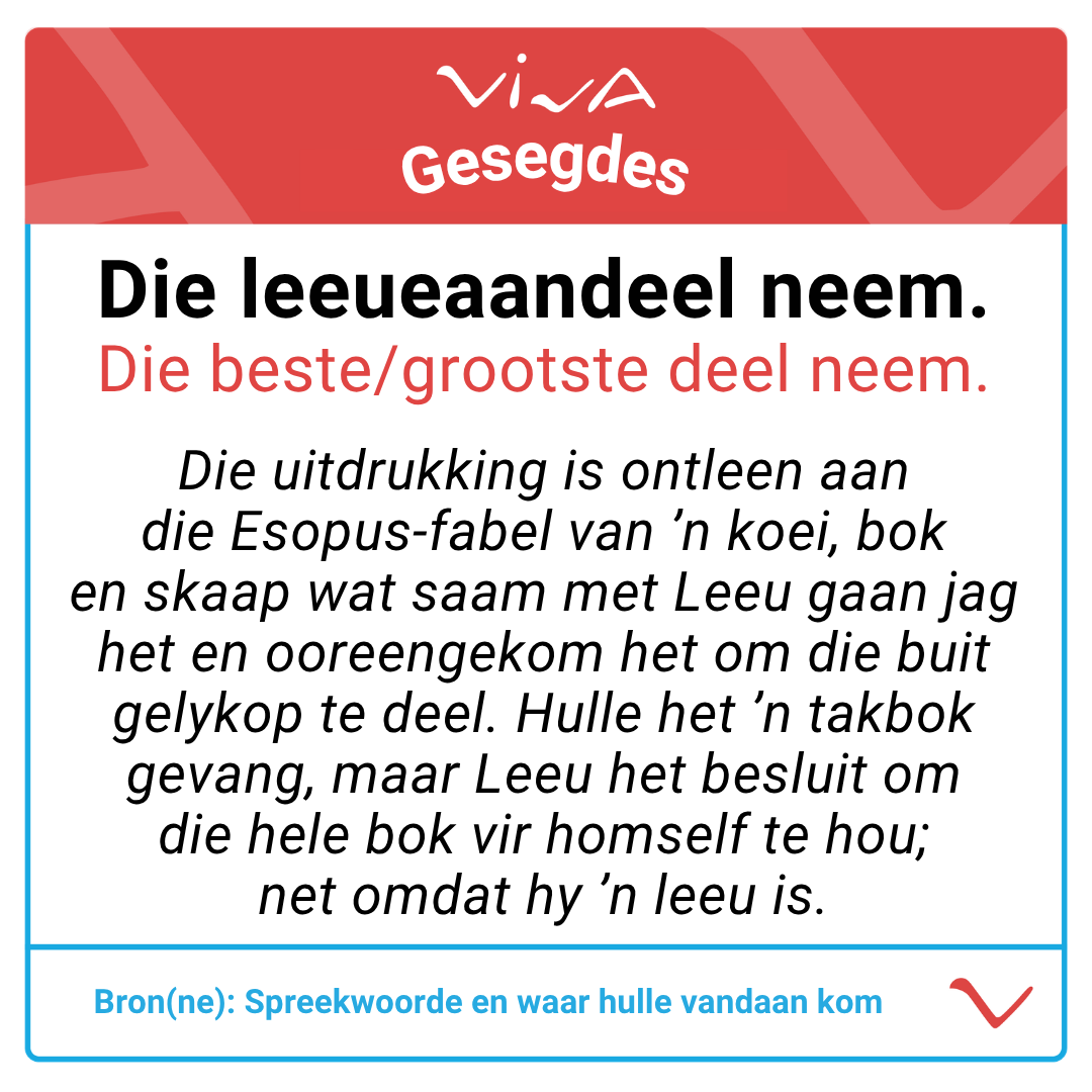viva_afrikaans's tweet photo. #viva #afrikaans #vivaafrikaans #gesegdes #idiome #spreekwoorde #leeueaandeel https://t.co/WjZZJoGRVJ