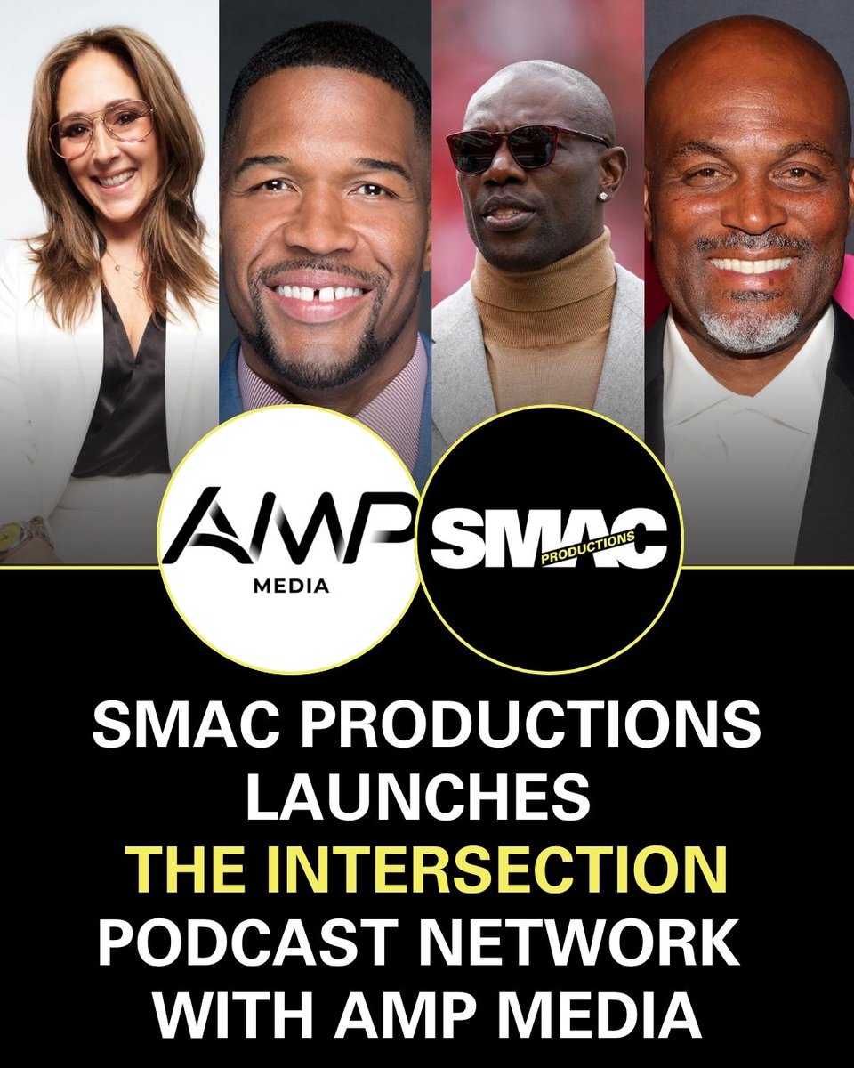 AMPSportsHQ's tweet photo. JUST ANNOUNCED 🎙️
SMAC Productions is expanding its storytelling with the launch of its new podcast network, The Intersection, in partnership with AMP Media.  

The network will debut this Fall with two flagship shows featuring Terrell Owens & Chris Spencer and Michael Strahan & Constance Schwartz-Morini, bringing candid conversations across sports, entertainment, business, and culture.  

Stay tuned for more...