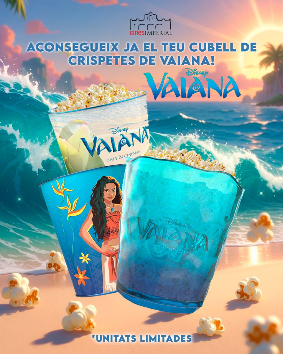 CinesImperial's tweet photo. El gran dia ha arribat! 🌺 
🐚 Avui s'estrena el live action de #Vaiana 🌊
​Vine a gaudir de la pel·lícula i no marxis sense el teu cubell de crispetes especial d'edició de col·leccionista🍿.
​⚠️ Unitats limitades‼️
#CinesImperial #Cine #Sabadell #Disney https://t.co/eNf5AuUm7F